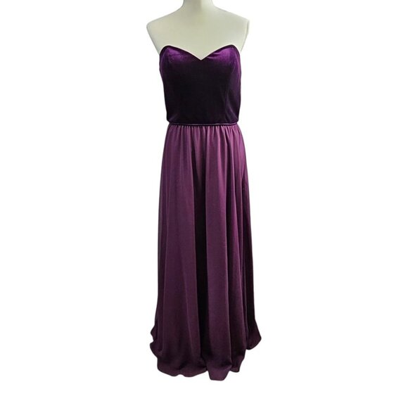 Morilee Madeline Gardner Velvet Chiffon Strapless Plum Bridesmaid Prom Gown - Picture 2 of 12